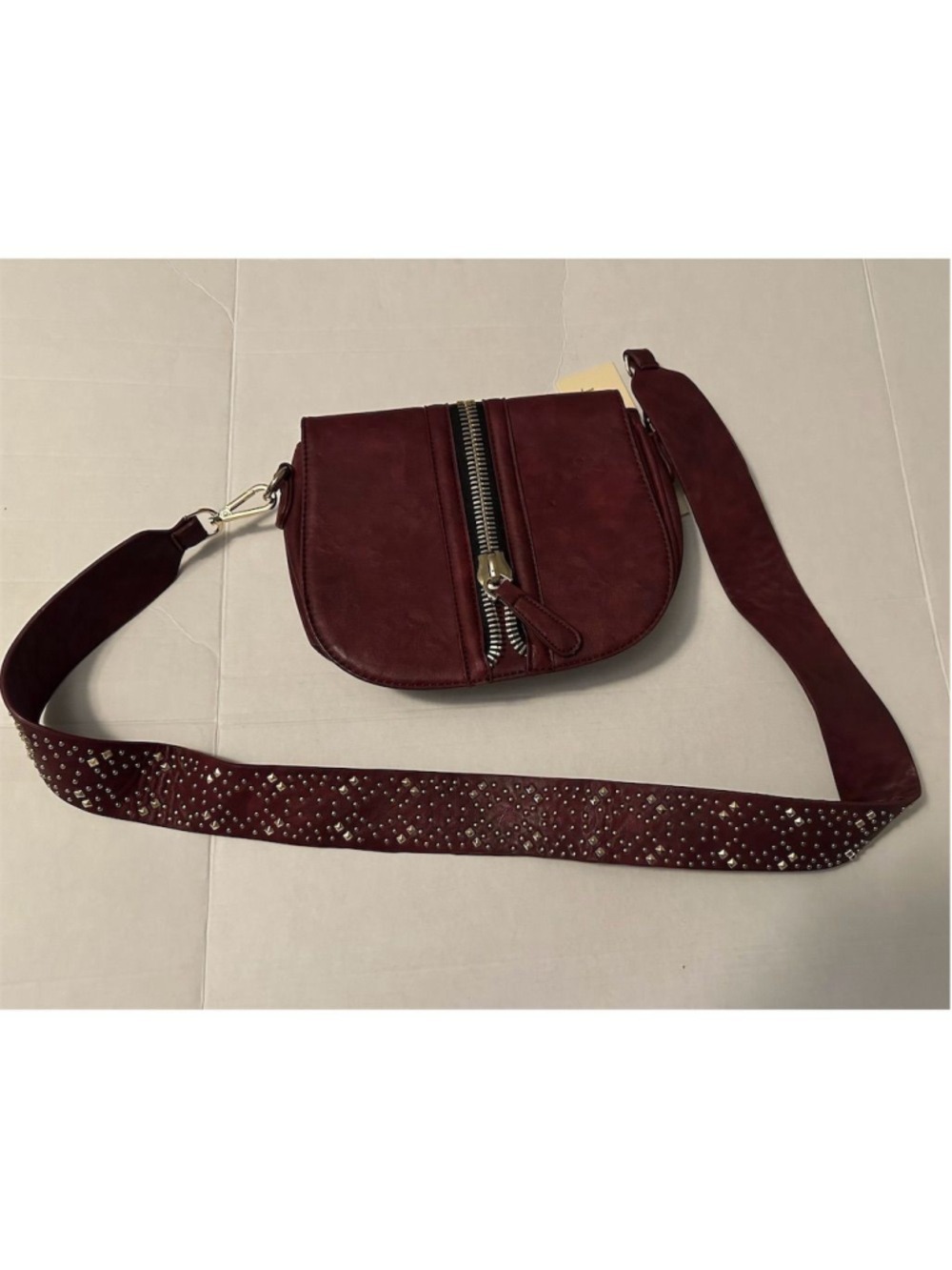 Madison West Burgundy Crossbody Shoulder Bag Studded Strap Women's